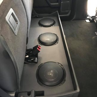 Ford F250 subwoofer box installation under rear seat by Explicit Customs Melbourne FL