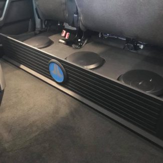Ford F250 subwoofer box installation under rear seat by Explicit Customs Melbourne FL
