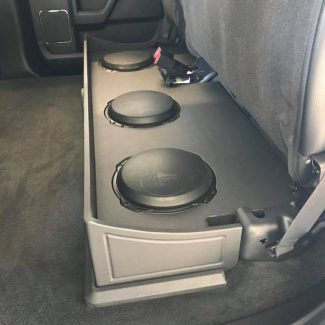 Ford F250 subwoofer box installation under rear seat by Explicit Customs Melbourne FL
