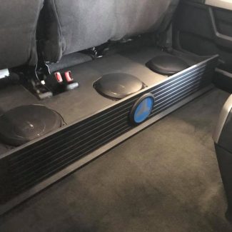 Ford F250 subwoofer box installation under rear seat by Explicit Customs Melbourne FL